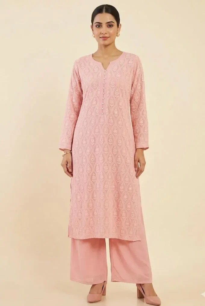 Women’s Pure Georgette Chikankari Kurti Set Embroidered Tunic Pants, Plus Sizes