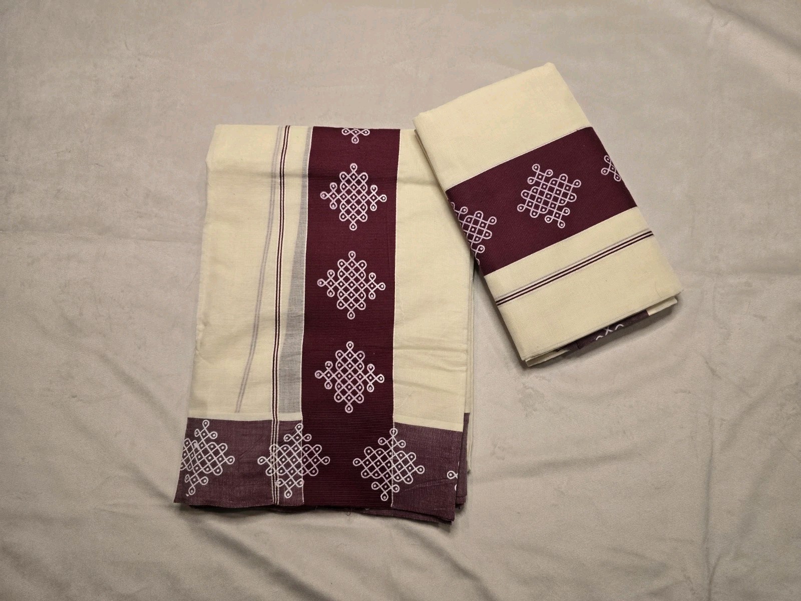 Kerala Traditional wear Koolam Print Single Set-Mundu Maroon