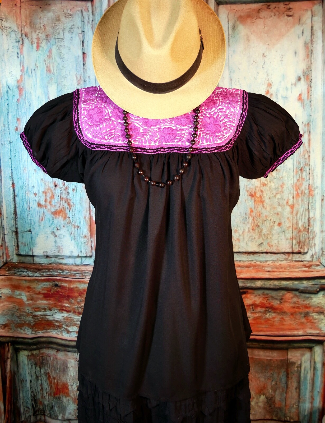 Peasant Blouse Hand Embroidered Pink Flowers & Black Fabric Mayan Chiapas Mexico