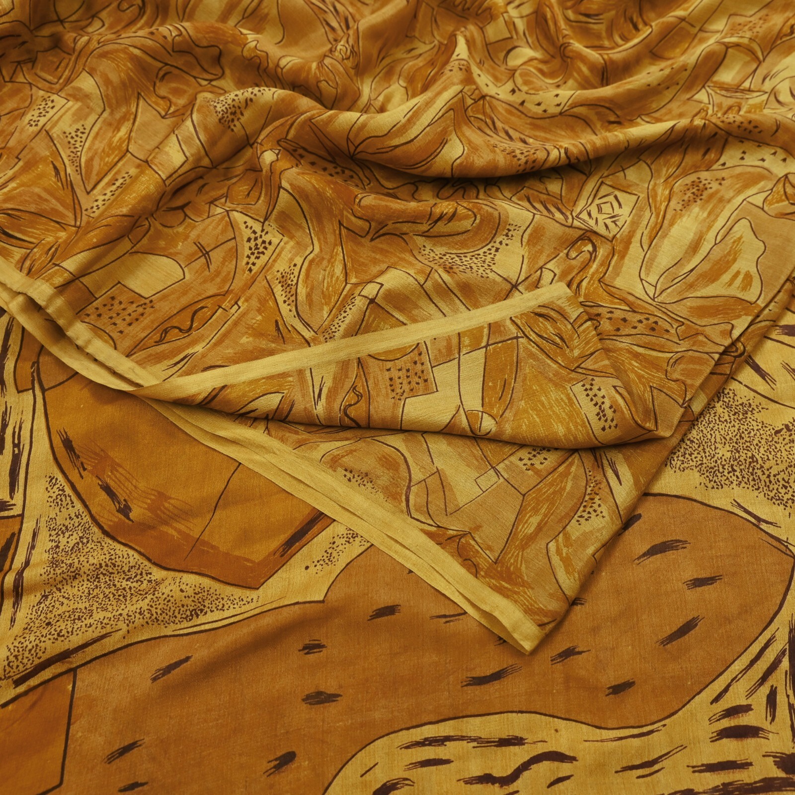 Vintage Sari Saffron Pure Silk Printed Saree 6yd Sewing Fabric Dress making Soft