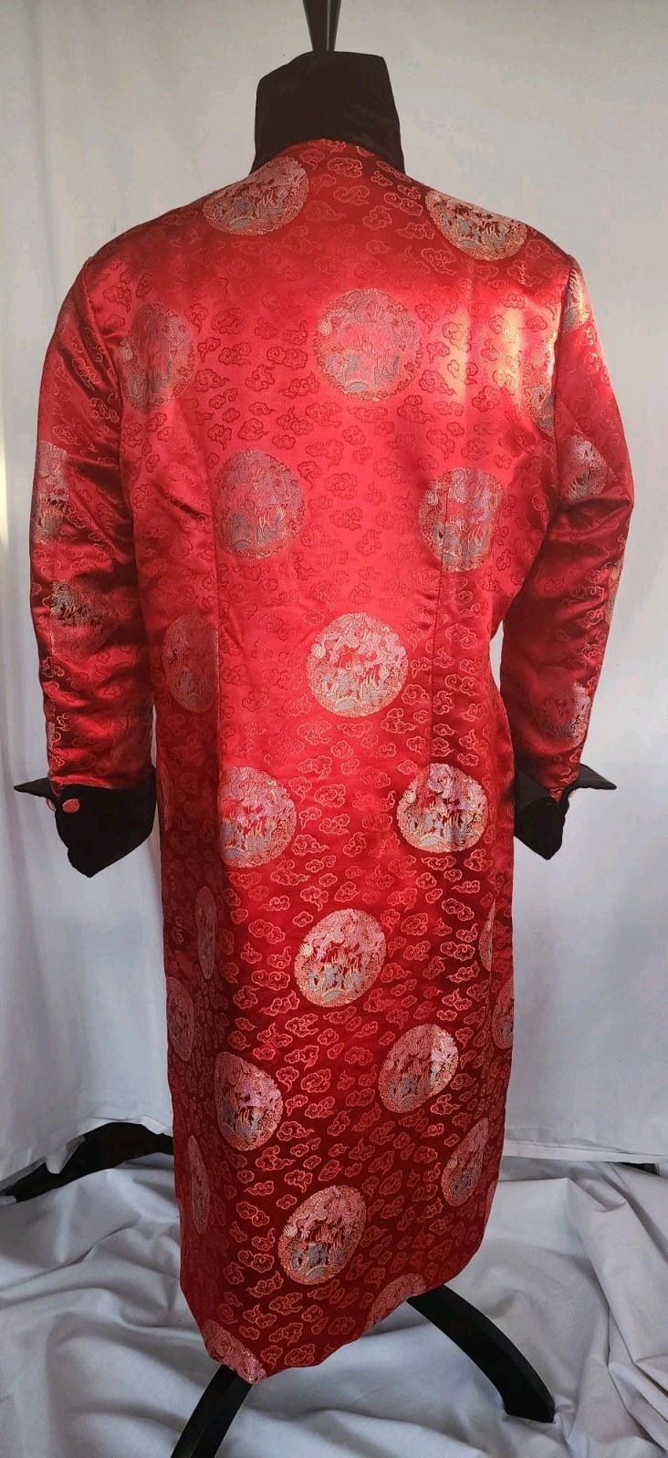 Vintage Chinese Red Brocode Tang Jacket Mandrian Collar Frog Closure Velvet Cuff