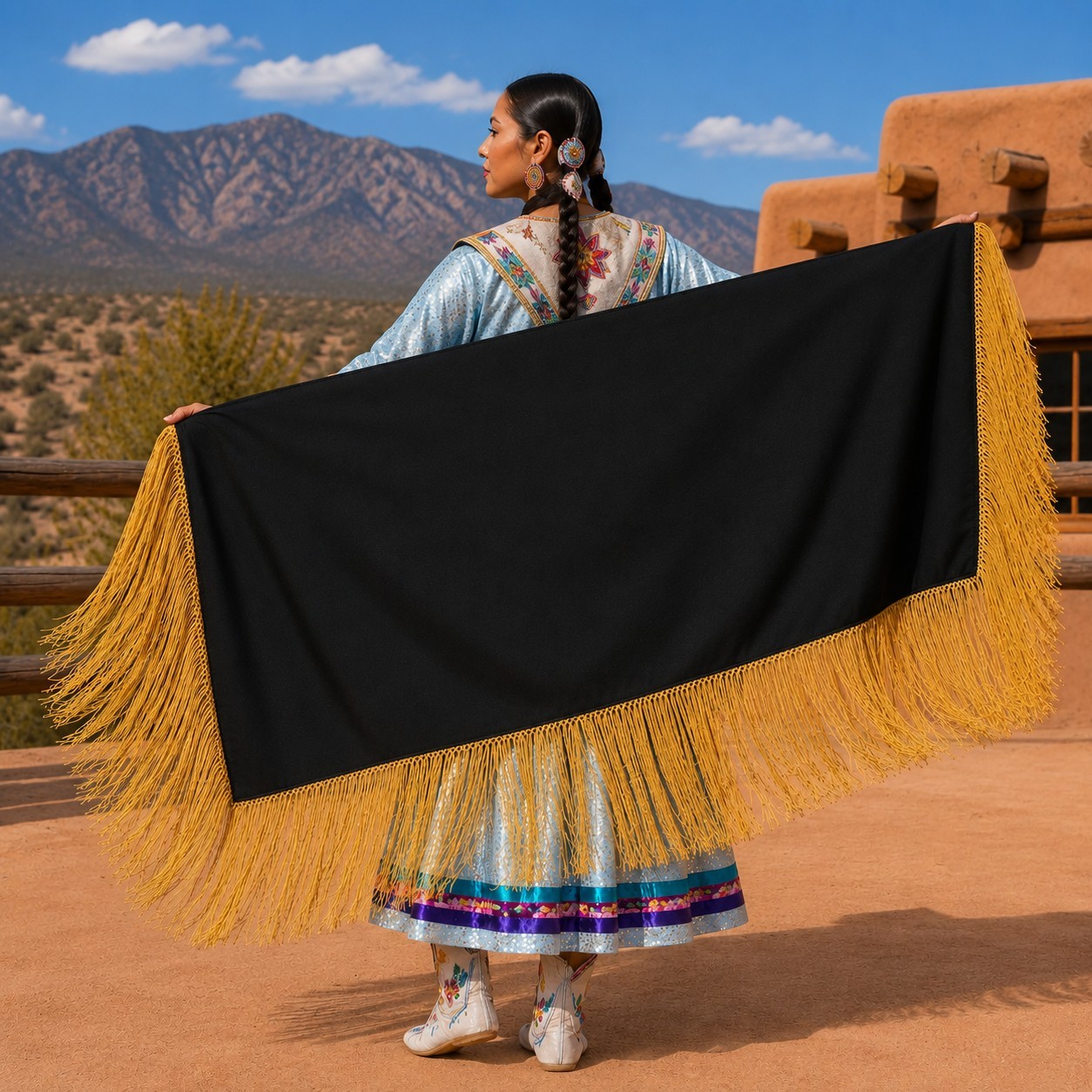 Handmade Native American Prayer Wedding Dance Shawl Black Gold Fringe 62″ x 62″