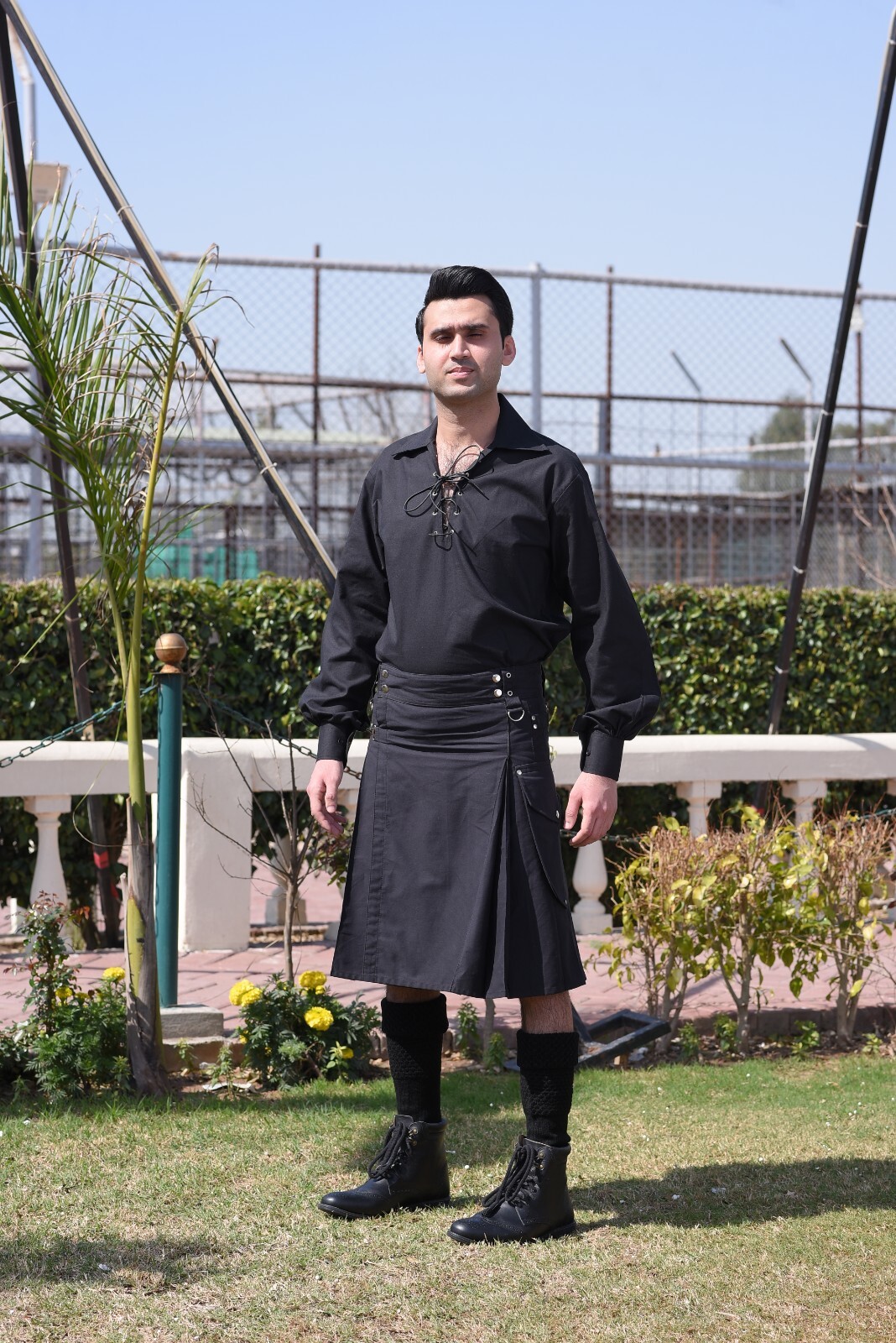 Handmade Active Men’s Black cargo pocket utility kilt 100% COTTON