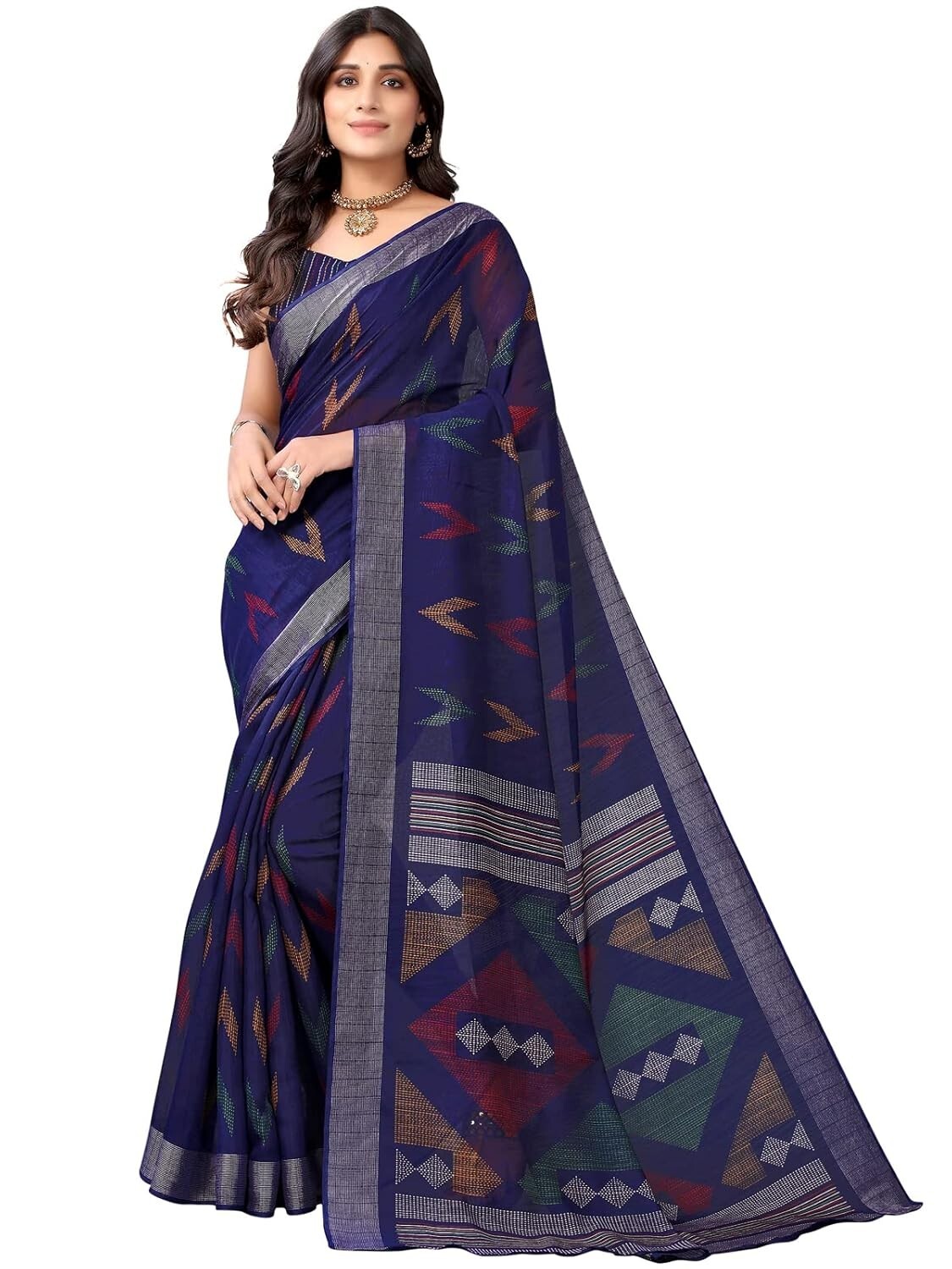 Women’s Cotton Blend Tribal Art Warli Printed Designer Saree with Blouse Piece