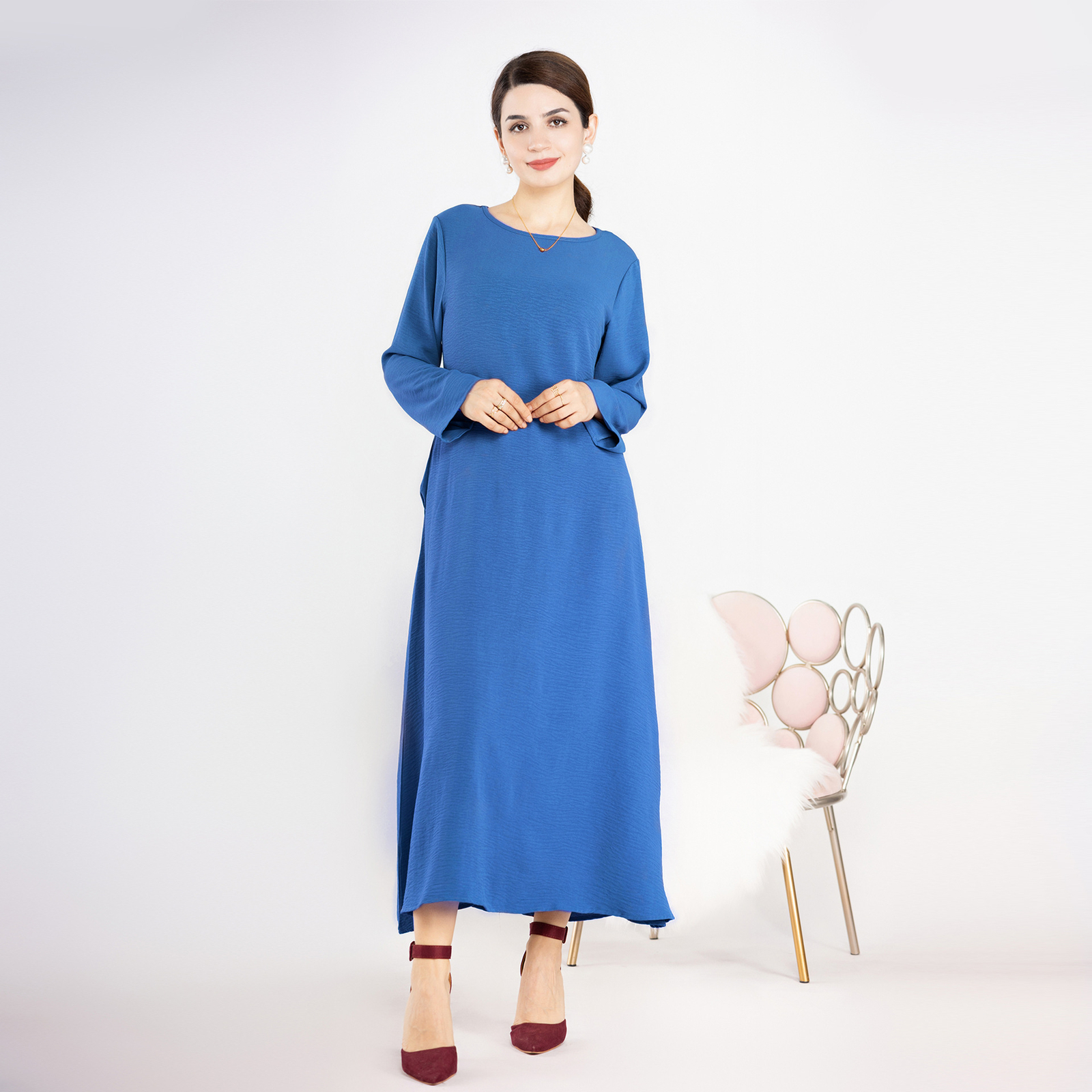 New Muslim Womens Simple Solid Color Long Sleeve Abaya Loose Robe Kaftan