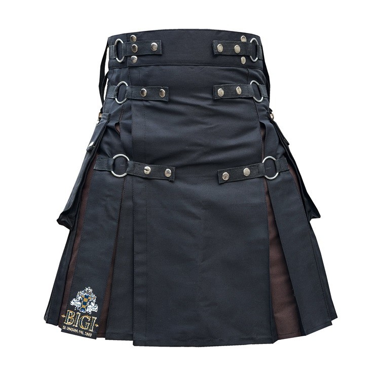 Men’s black hybrid utility kilt with nylon straps and brown inner pleats, custom