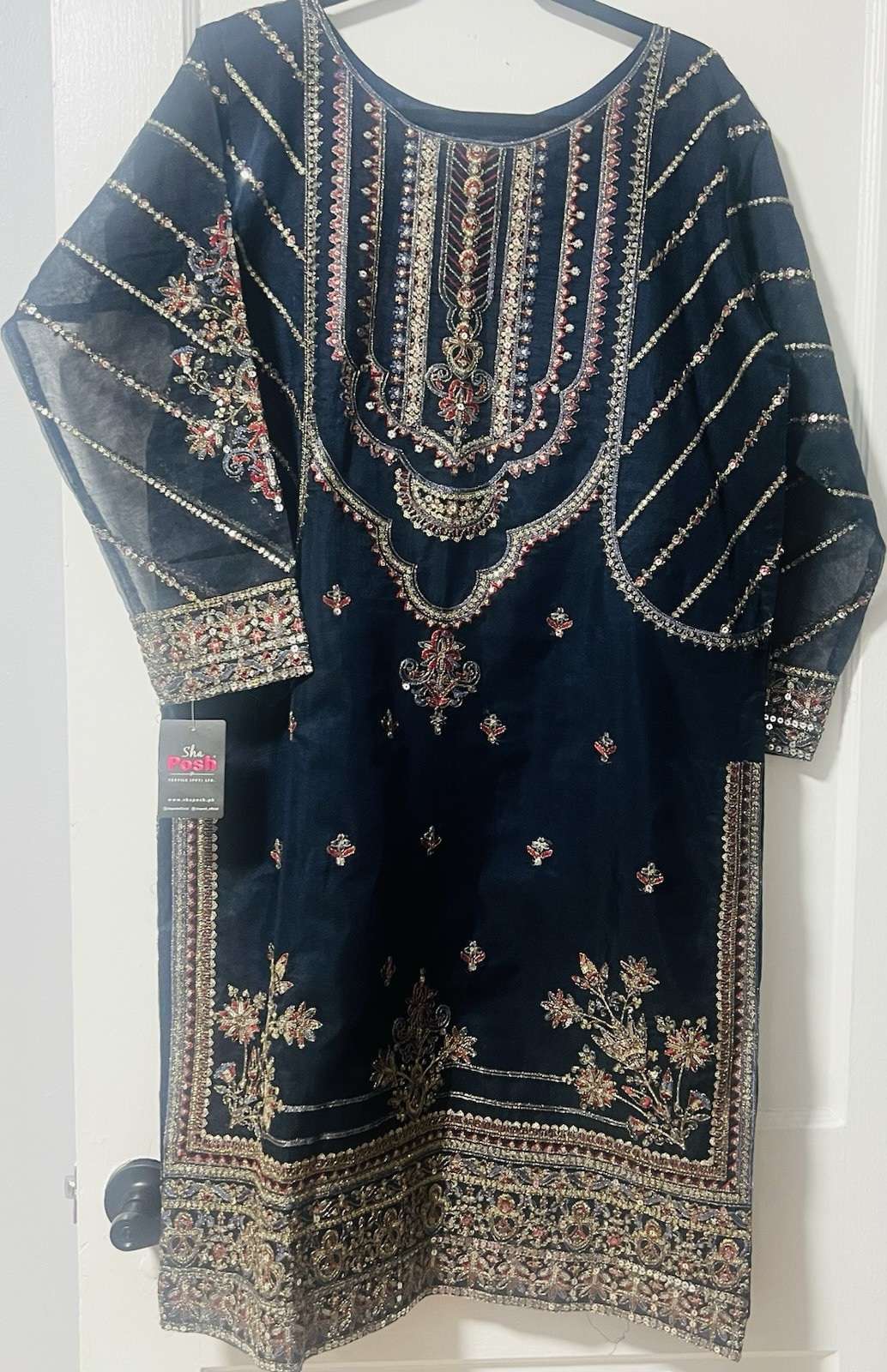 She Posh Women L Pakistani Embroidered Blue Chiffon Salwar Kameez 3pc