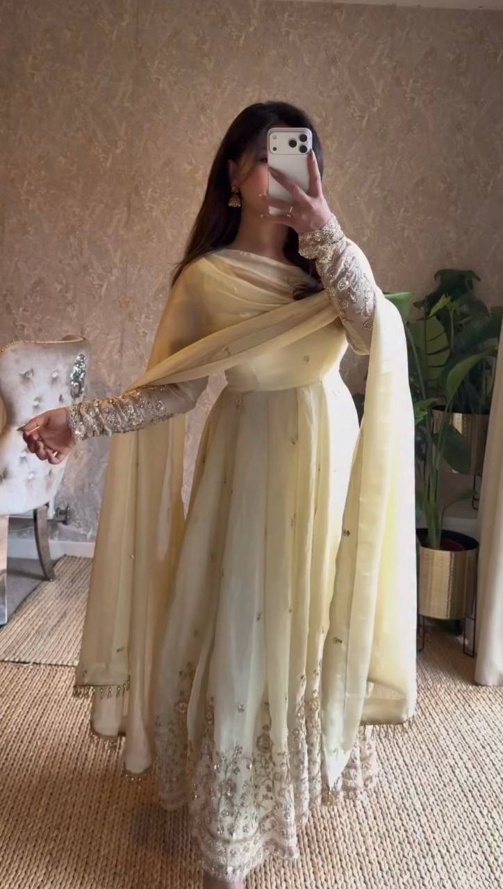 New Launching Silk Off White Gown Bottom With Dupatta For Functional Wear