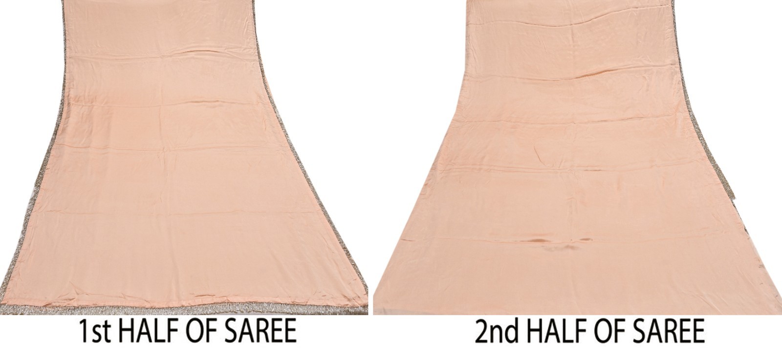 Rare Vintage Peach Pure Satin Silk Saree Hand Embroidered Fabric 5.5 Yards Sari