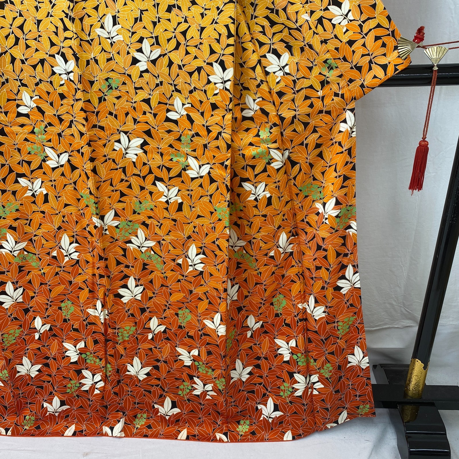 Japanese Vintage Kimono Polyester Orange Traditional Authentic Length 64 in