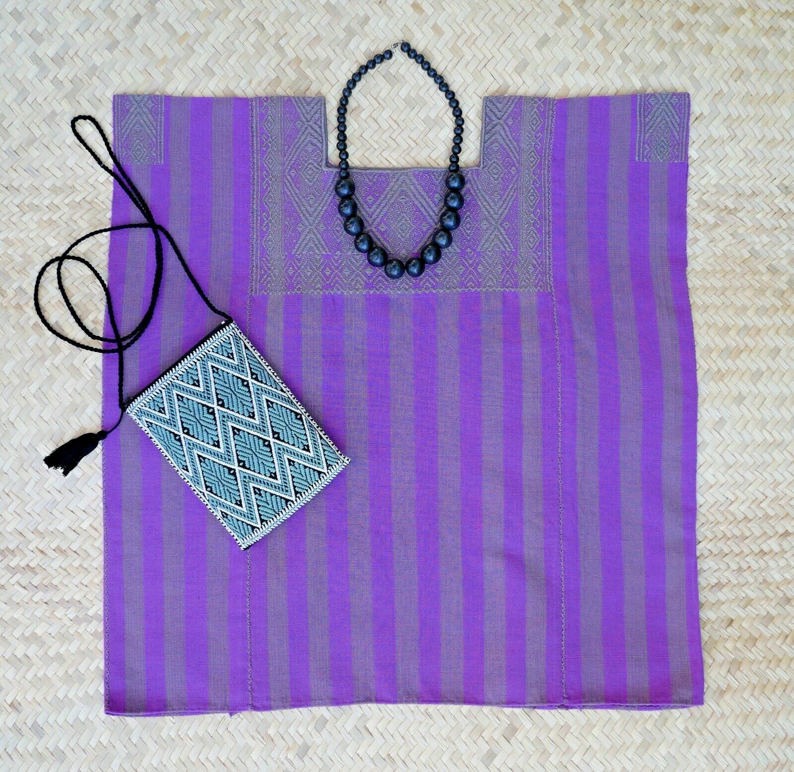 Huipil Top Mayan Purple & Grey Stripe Handwoven Backstrap Loom Chiapas Mexico