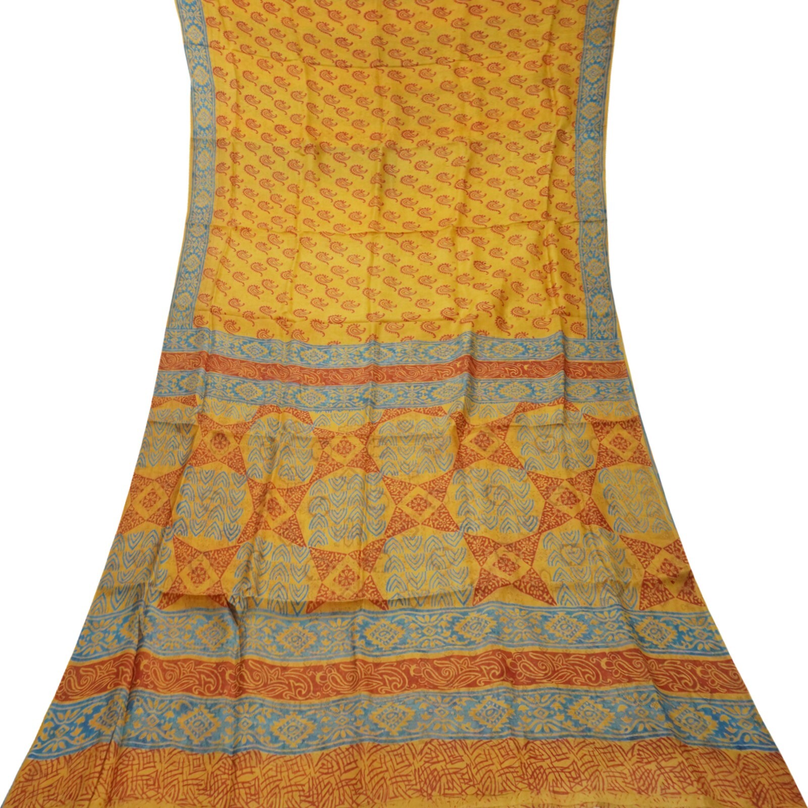 Vintage Mustard Sarees 100% Pure Silk Printed Indian Sari 6YD Craft Decor Fabric