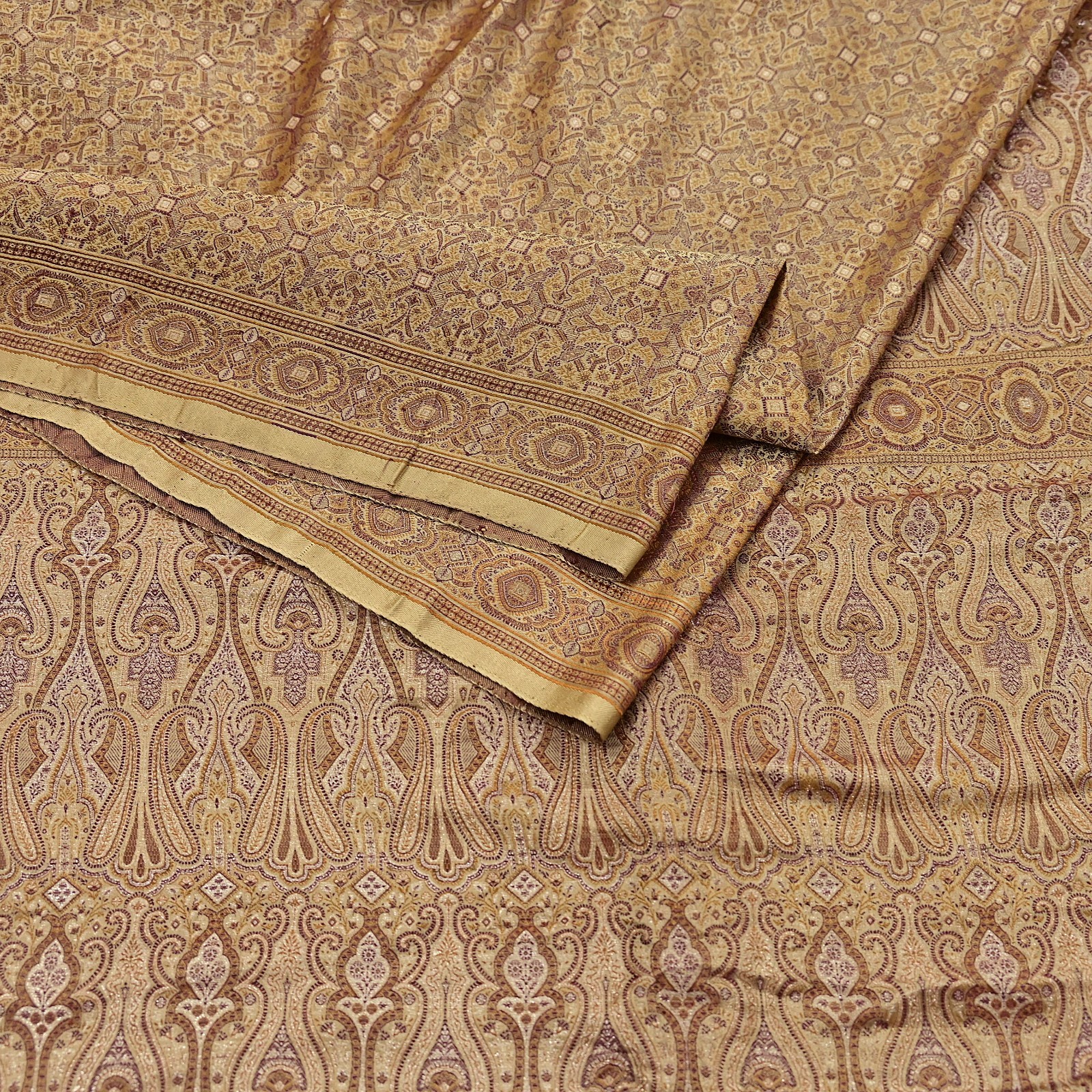 Indian Vintage Sari Beige Heavy Pure Satin Silk Woven Banarasi Tanchoi Saree 5Yd