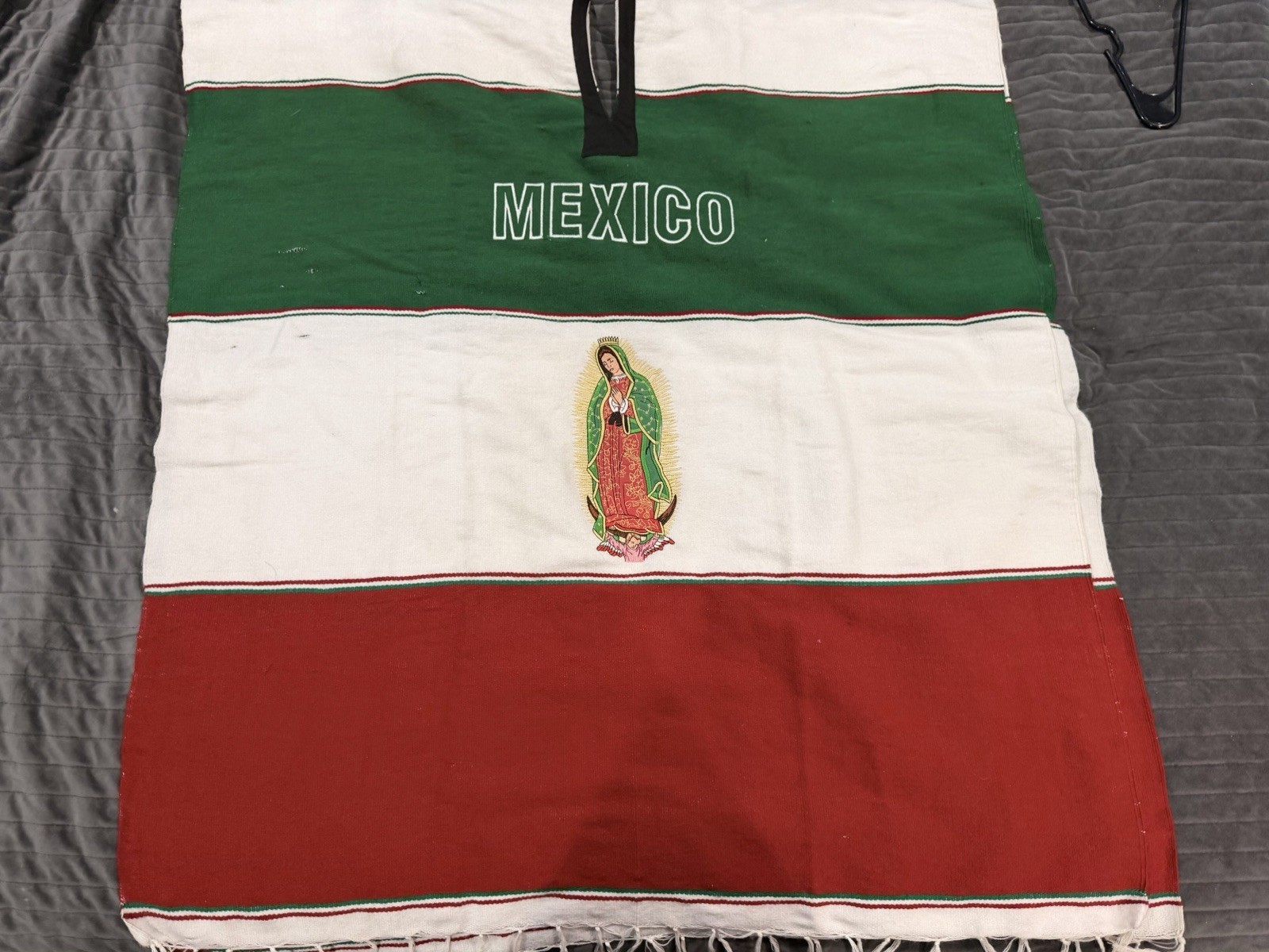 Mexican Flag Cotton Poncho with Virgen de Guadalupe and Mexico Text Embroidery