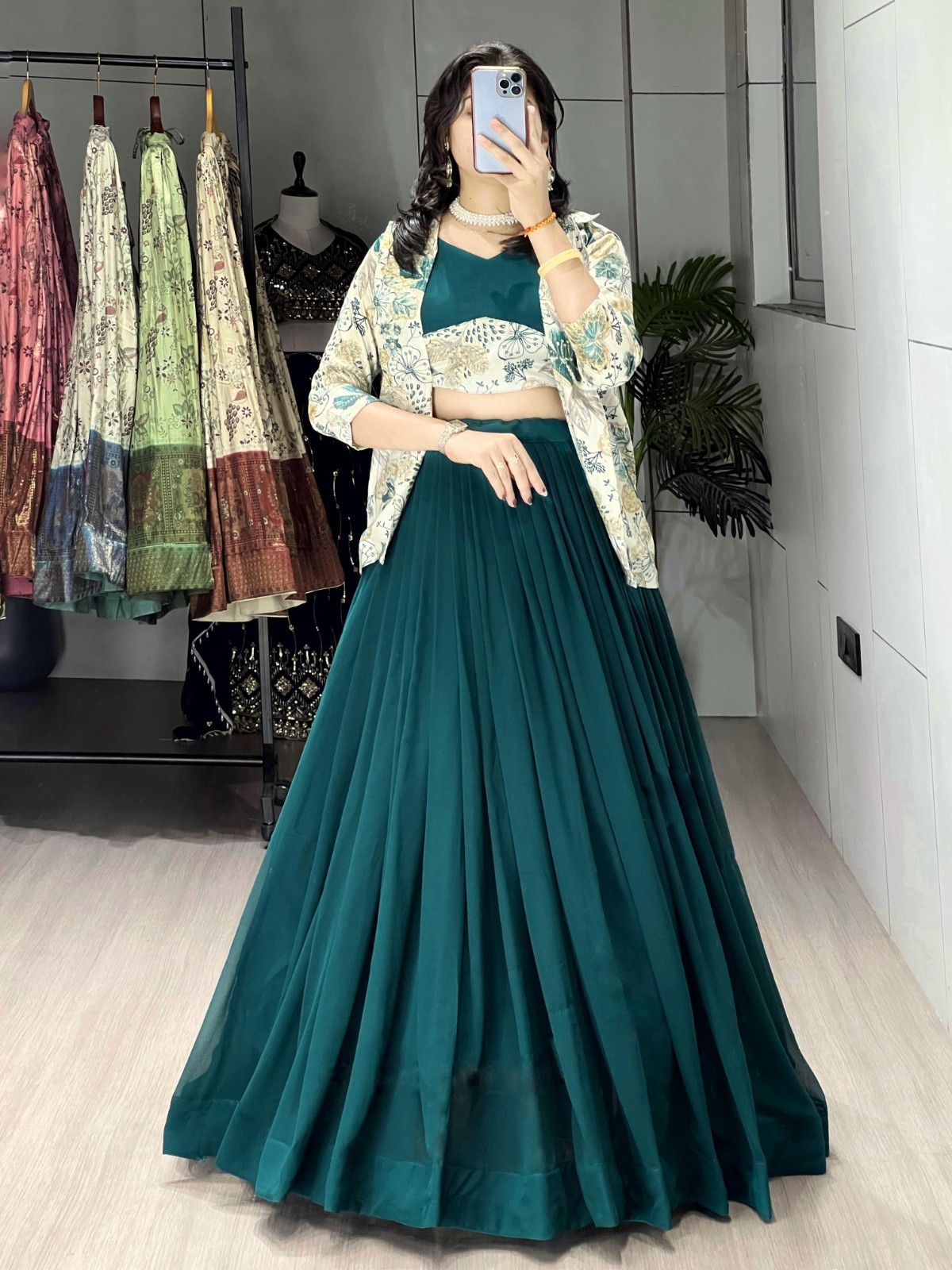 Women Lime Green Faux Georgette Lehenga Choli with Printed Koti Festive Wear