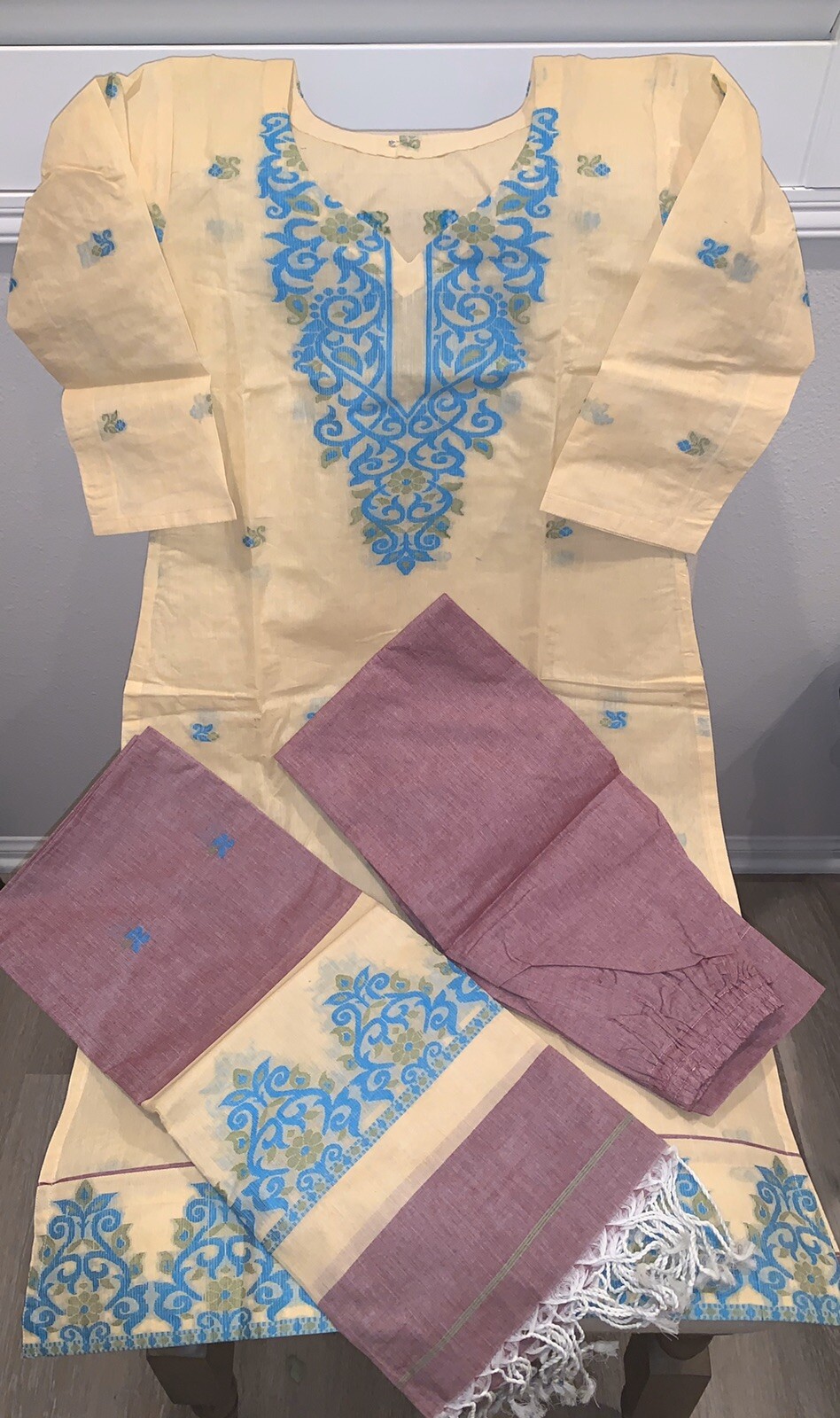 Beautiful Beige, Sky Blue and Red Cotton Salwar Kameez For Summer Collection