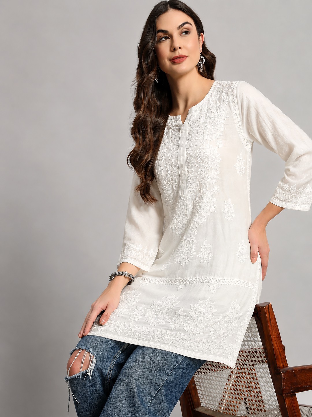White Women’s Ethnic Handwork Chanderi Chikankari Short Top