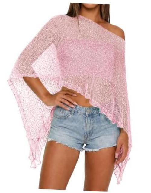 Womens Sheer Poncho Lightweight Knit Ruffle Beach Cover Ups Mesh Top Lace Pink