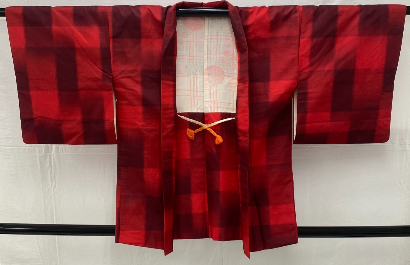 Japanese Vintage Kimono Haori Jacket Polyester Red Traditional Authentic 31 in