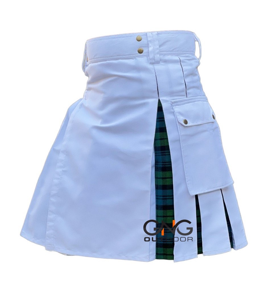 Scottish White Hybrid Kilt Tartan Pleats Men’s Modern Fashion Utility Kilt
