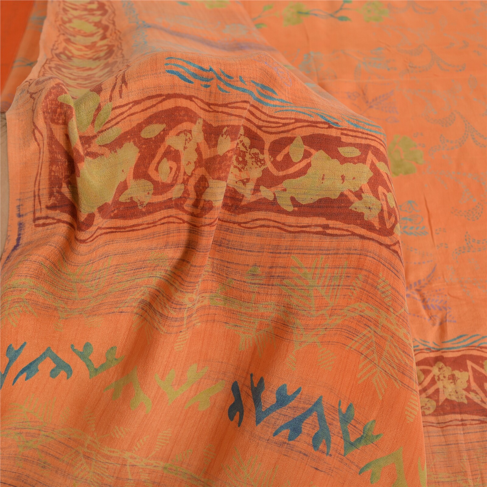 Sanskriti Vintage Printed 100% Pure Crepe Silk Sarees Peach Sari Craft Fabric