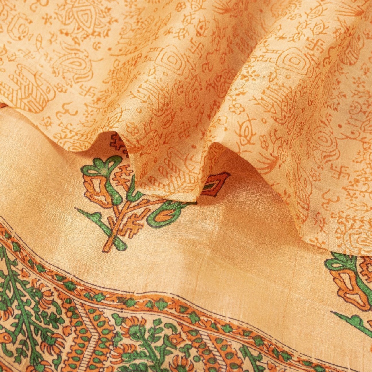 Sanskriti Vintage Sarees Beige Animal Swastik Printed Pure Silk 5+Yd Craft Sari