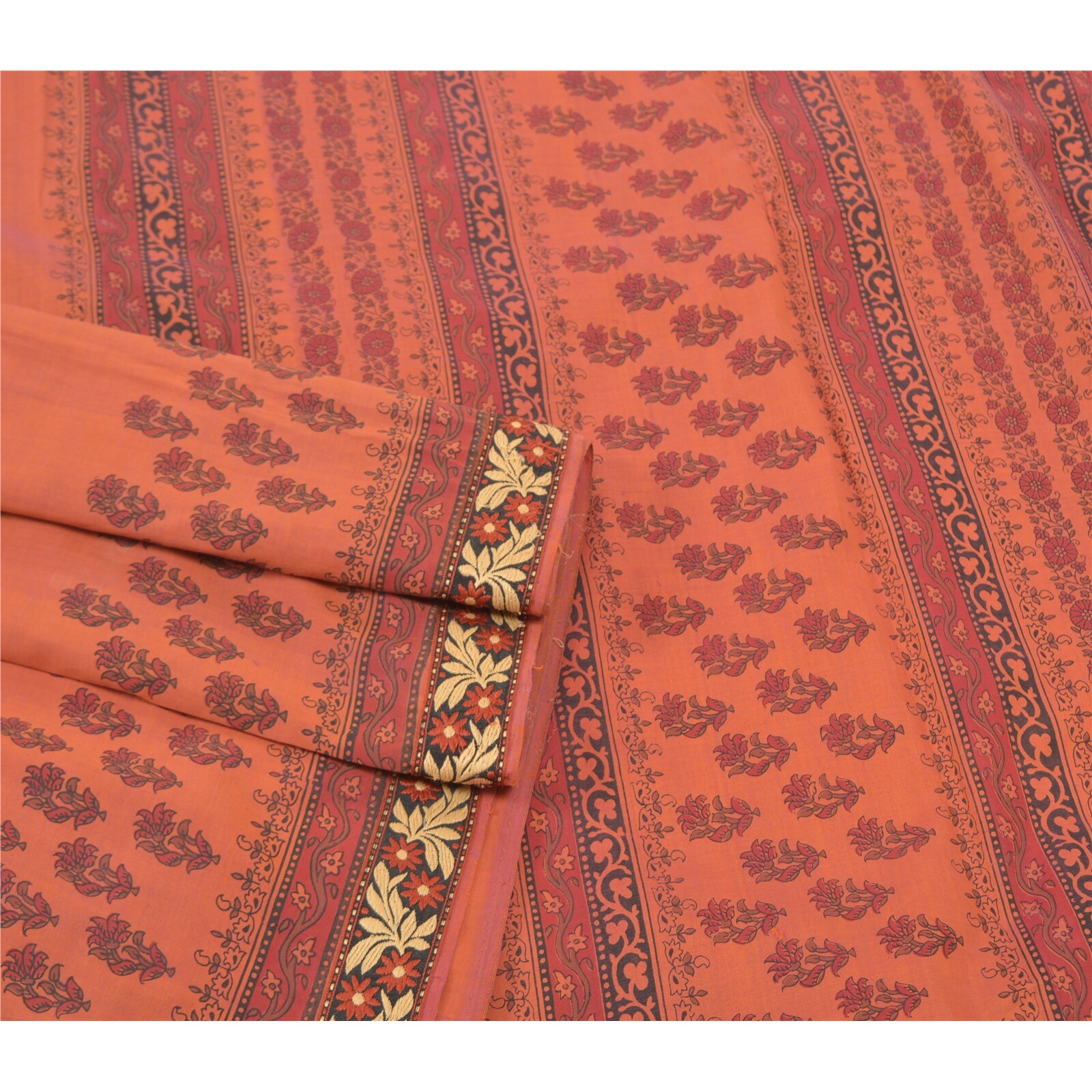 Sanskriti Vintage Rusty Orange Sarees Cotton Printed Sari Premium Craft Fabric