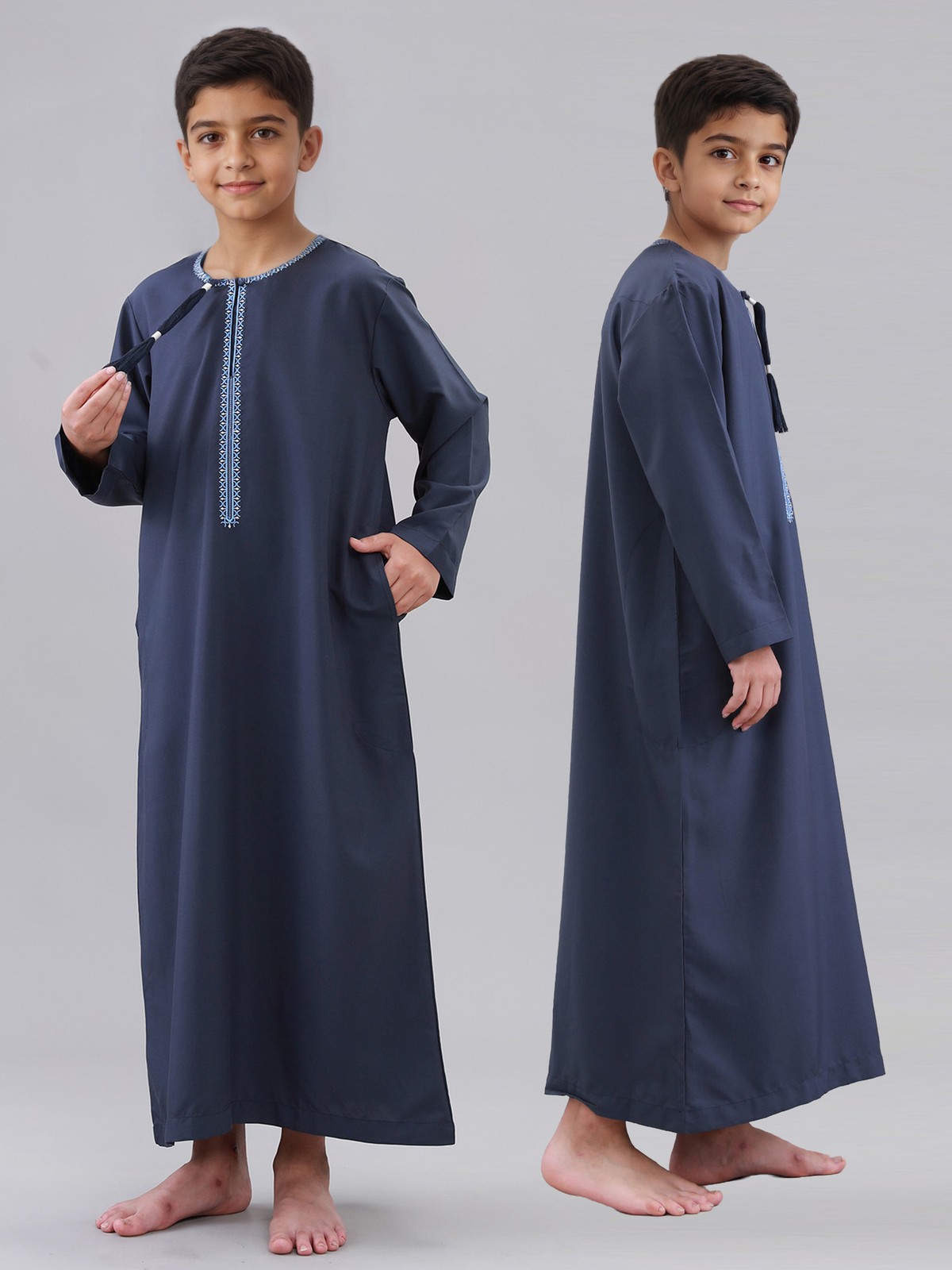 Muslim Boys Short Sleeve Jubba Thobe Embroidered Dress Islamic Abaya Robe Dubai