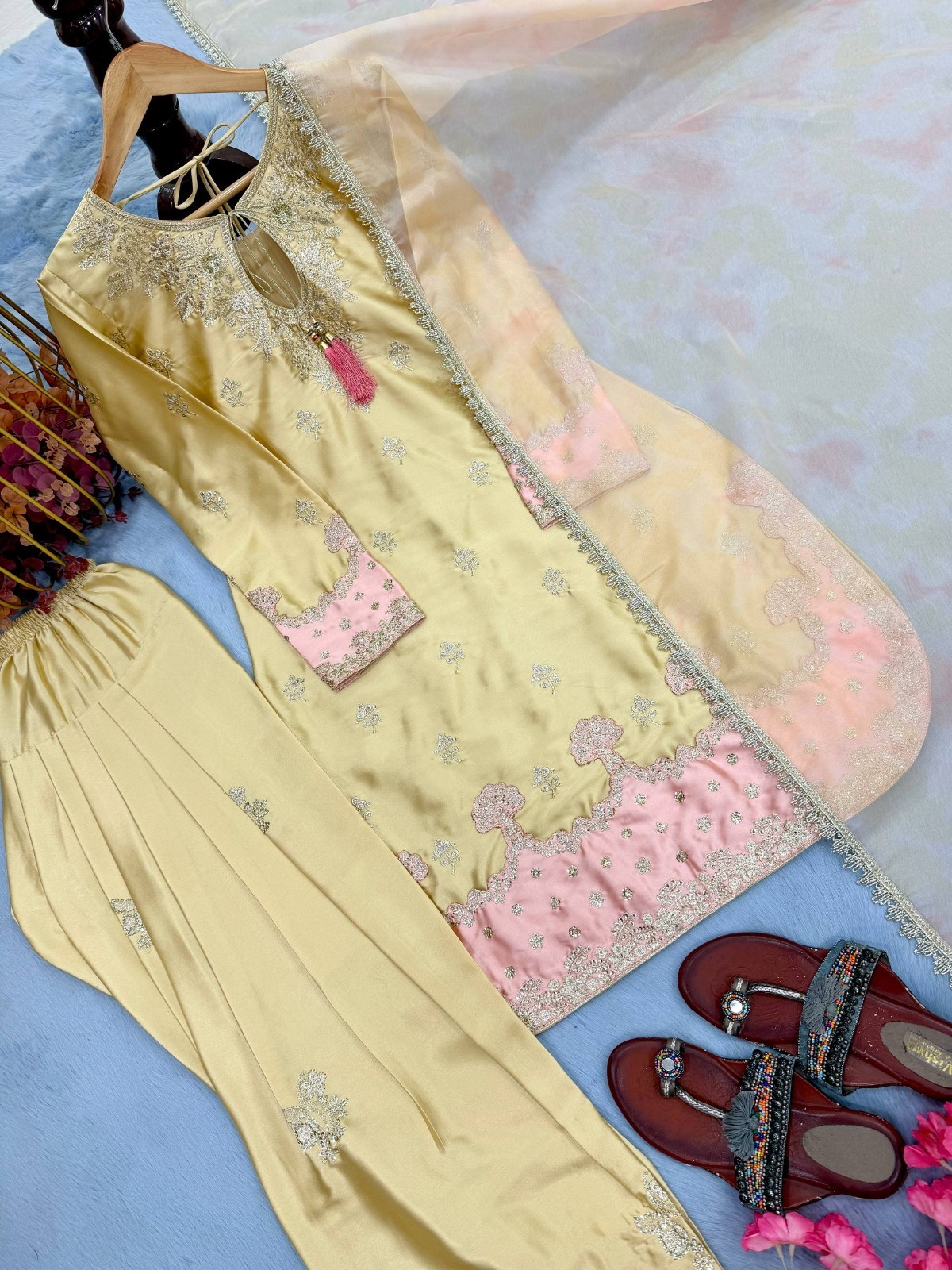 Bollywood Style Japan Satin Silk Yellow Palazzo Suit With Dupatta For Festival