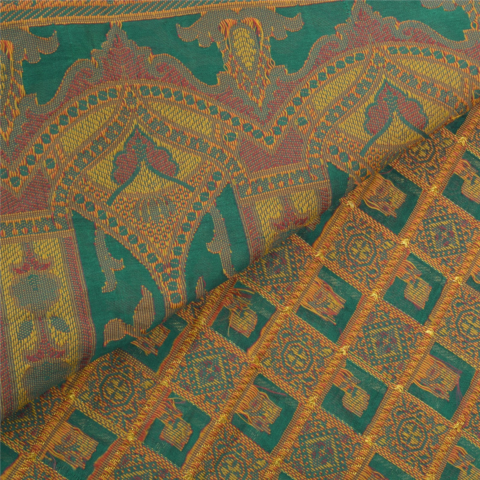 Sanskriti Vintage Rama Green Sarees Artificial Silk Hand- Woven Sari Fabric