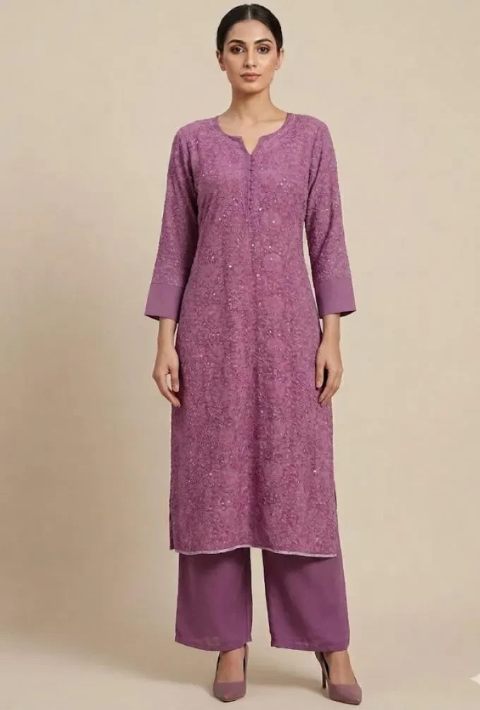 Women’s Pure Georgette Chikankari Kurti Set Embroidered Tunic Pants, Plus Sizes