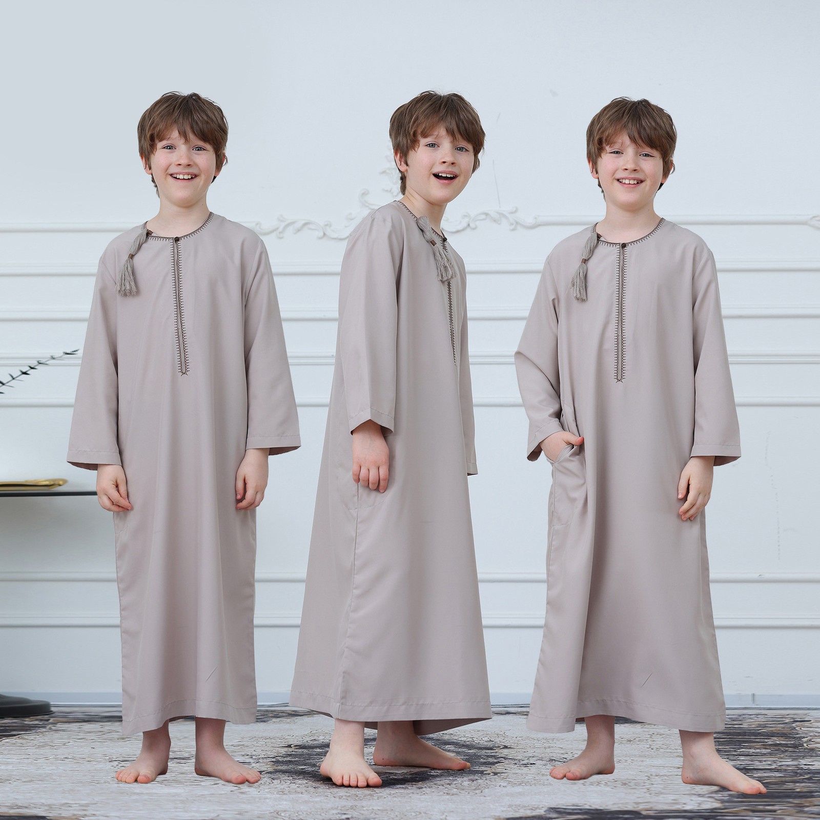 Muslim Boys Short Sleeve Jubba Thobe Embroidered Dress Islamic Abaya Robe Dubai