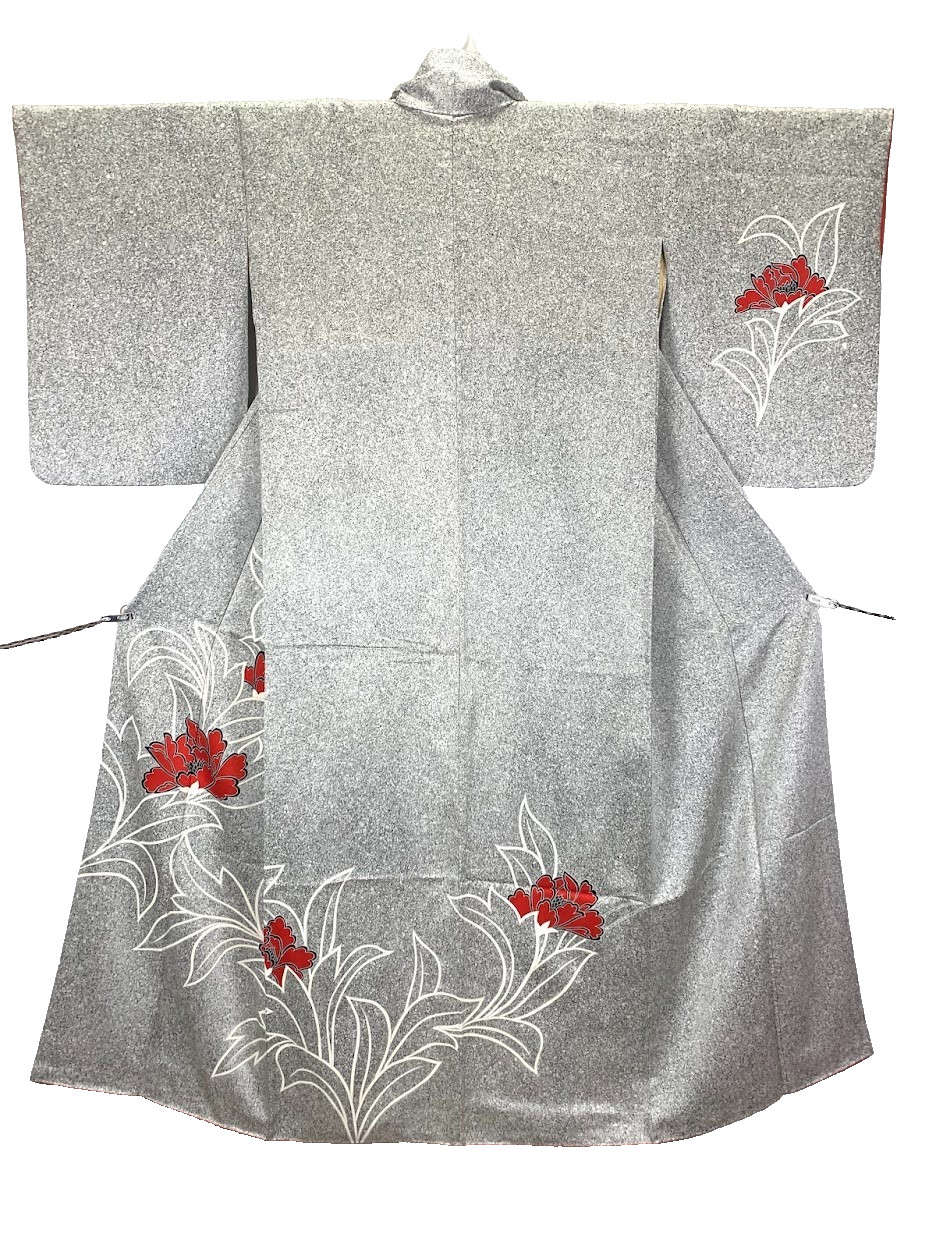 Unused Vintage Silk Houmongi Kimono Peony Modern Geometric S 25.2in Yuki Japan