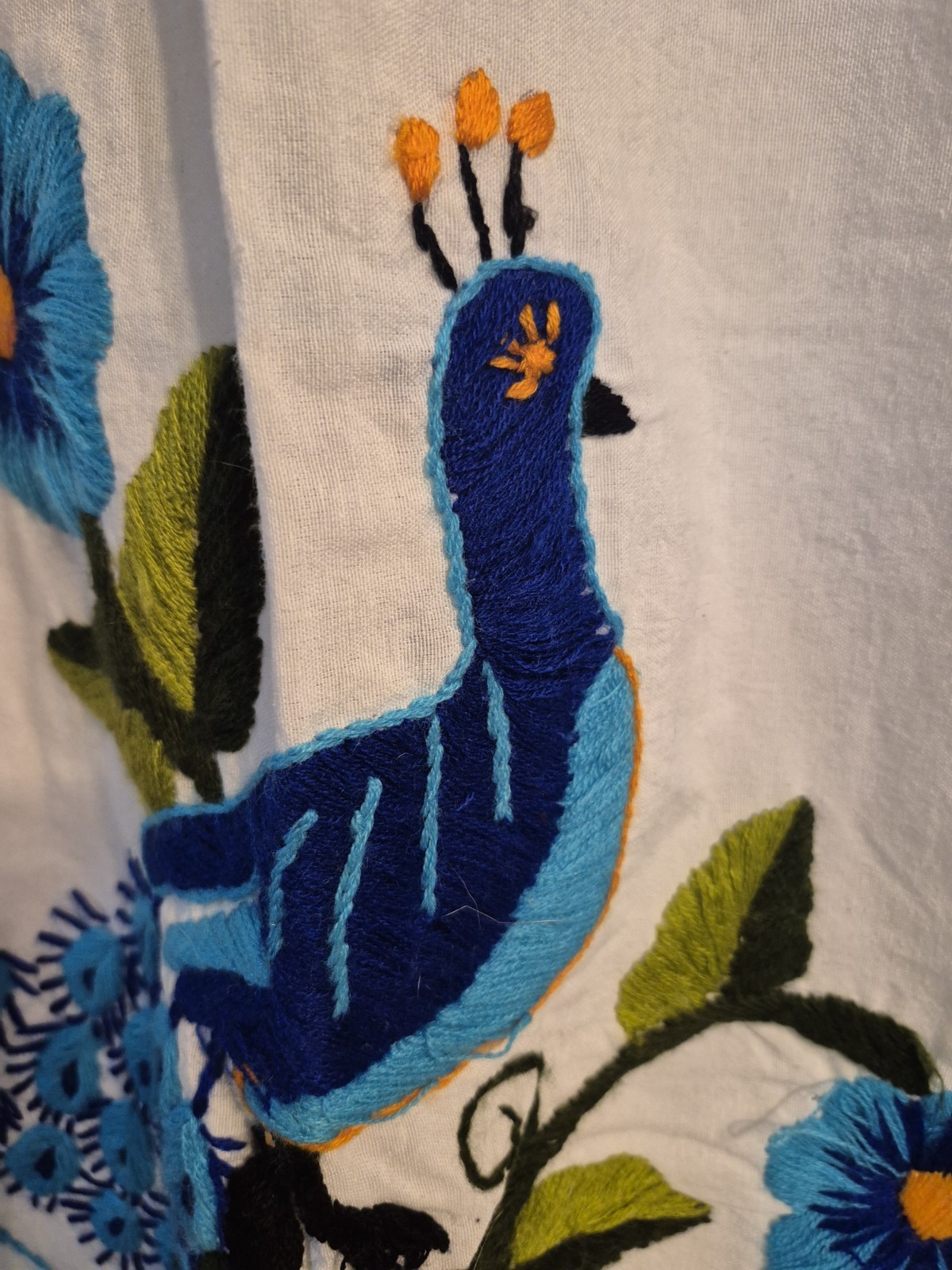 Handmade traditional puebla mexican embroidered White dress with blue floral.c1