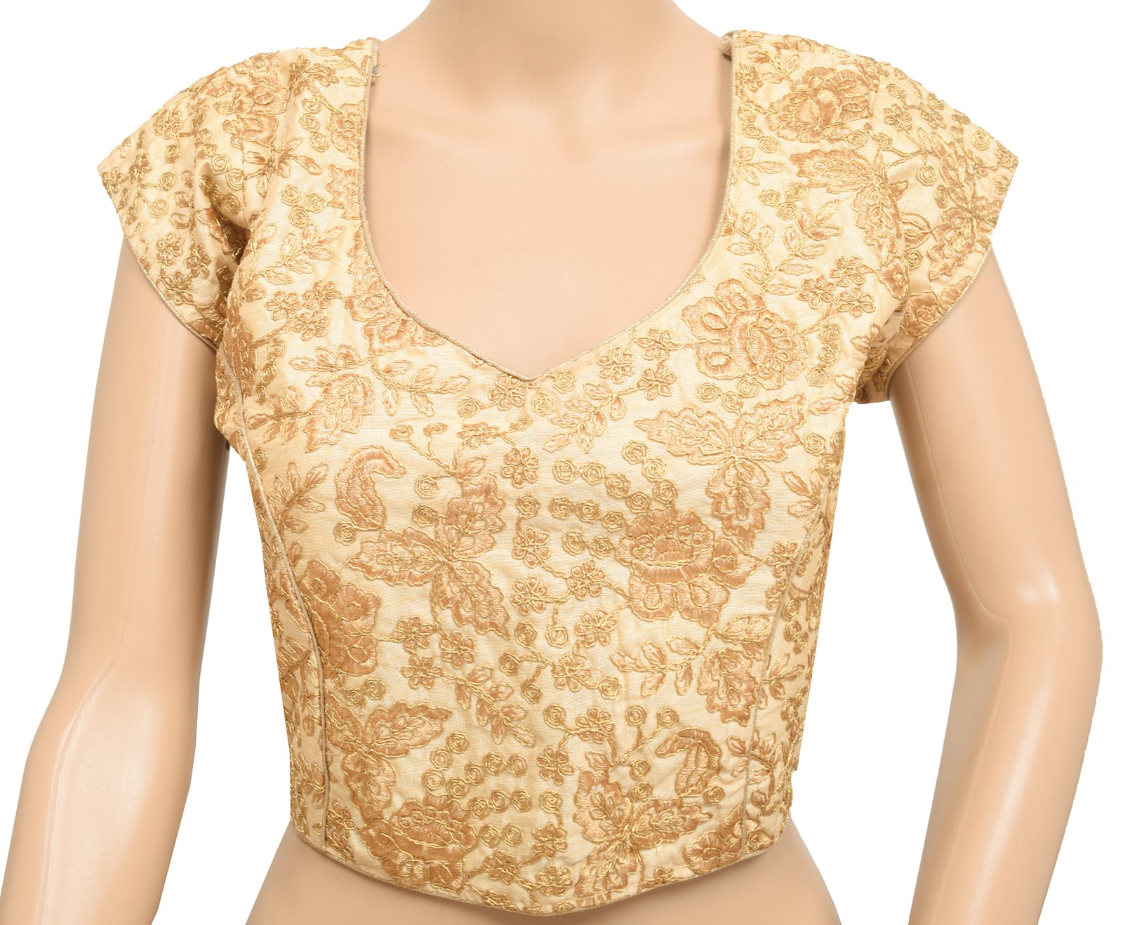Sushila Vintage Readymade Stitched Sari Blouse Cream Floral Embroidered Silk Top
