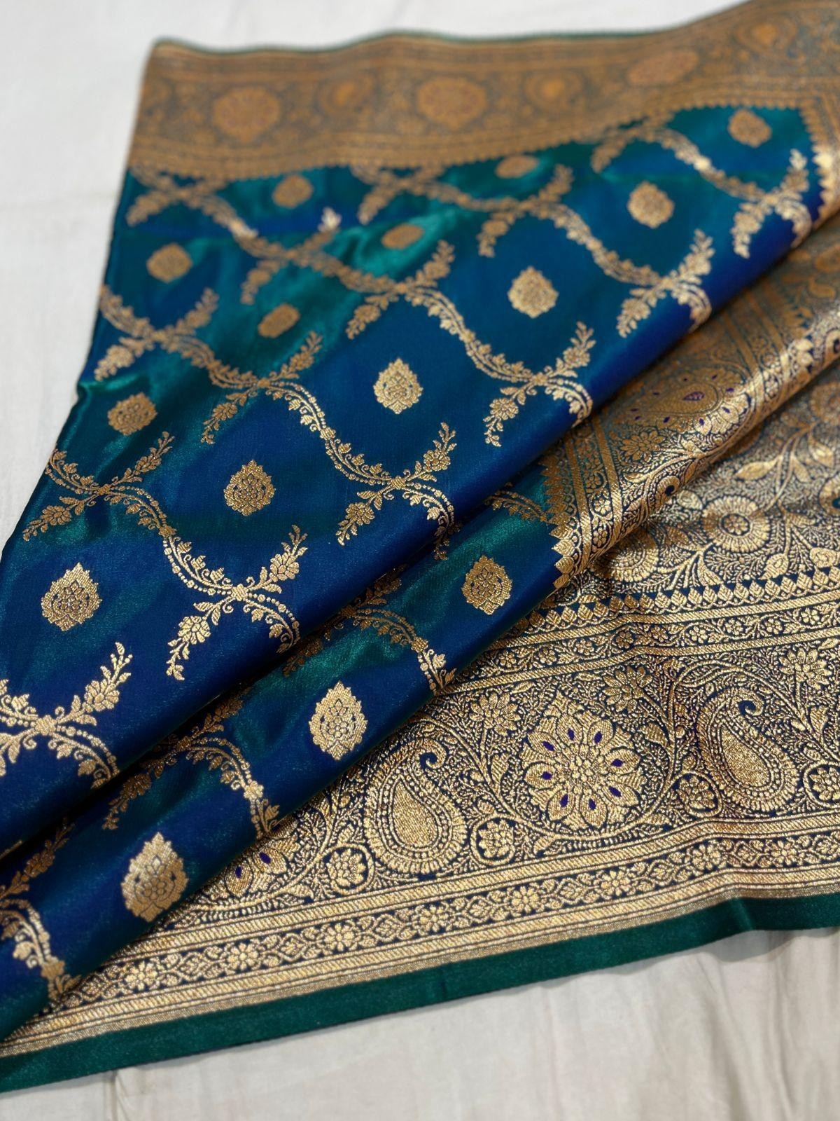 Banarasi Katan Silk Saree Gold Zari Weaving Blue Wedding Running Blouse