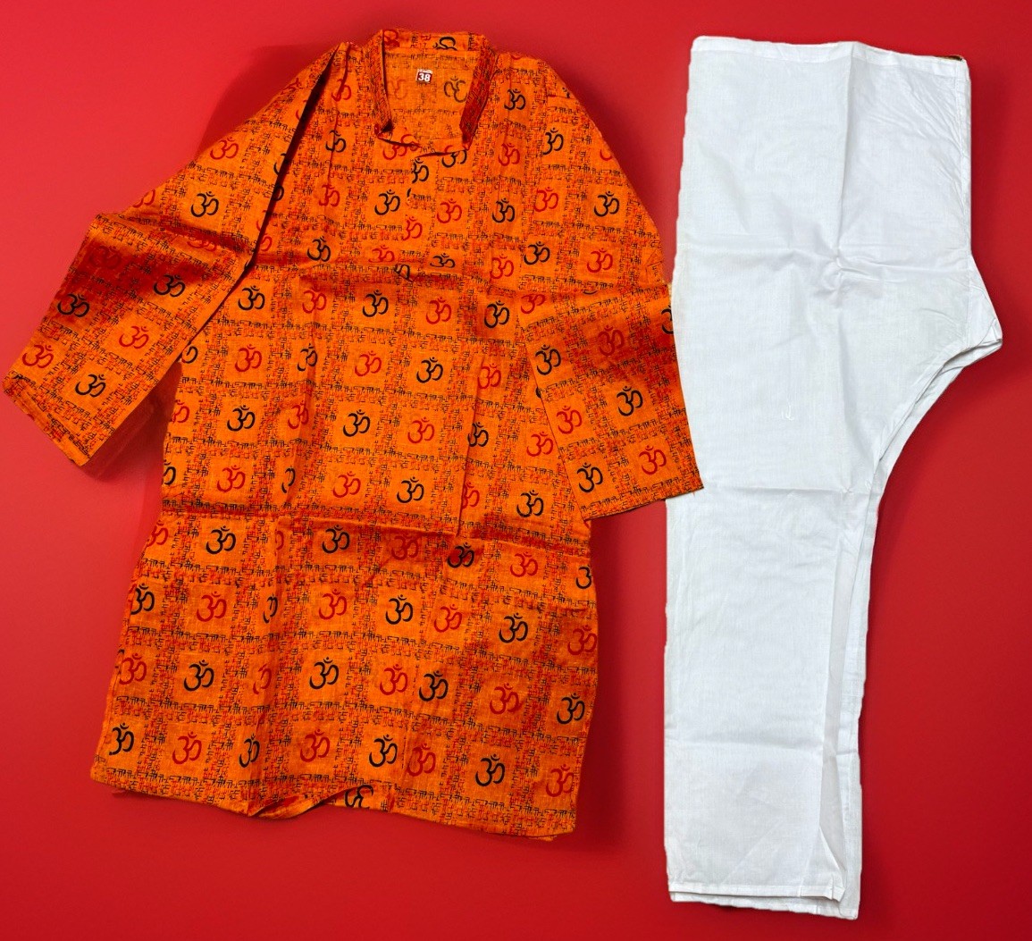 NWT Men’s Kurta PAJAMA SET SZ 38 S/M OM/AUM symbol hindu Orange India-USA seller