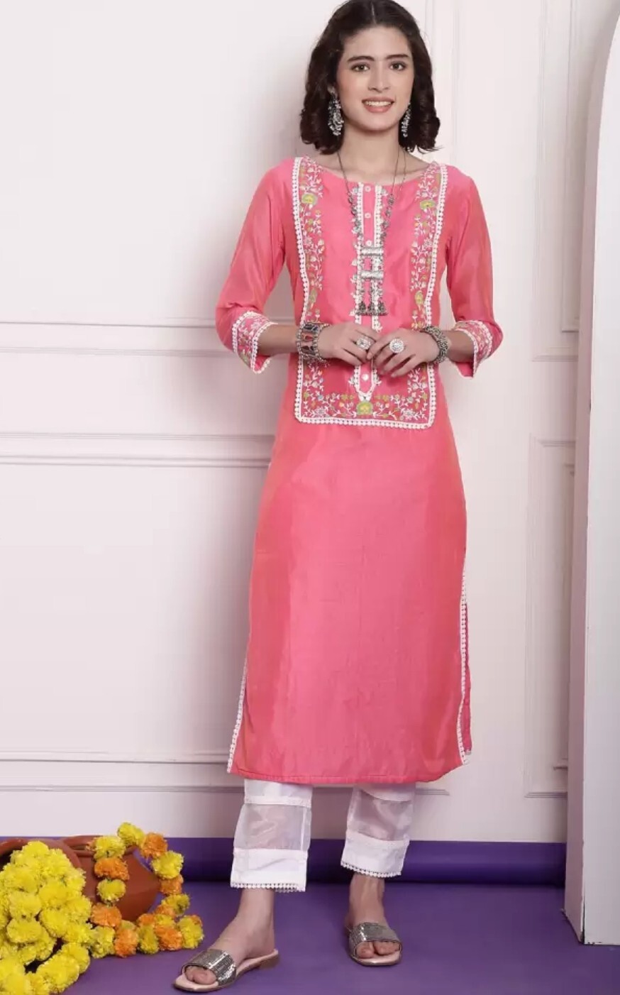 indian dresses women kurti; Women Floral Printed York design lace details Kurta