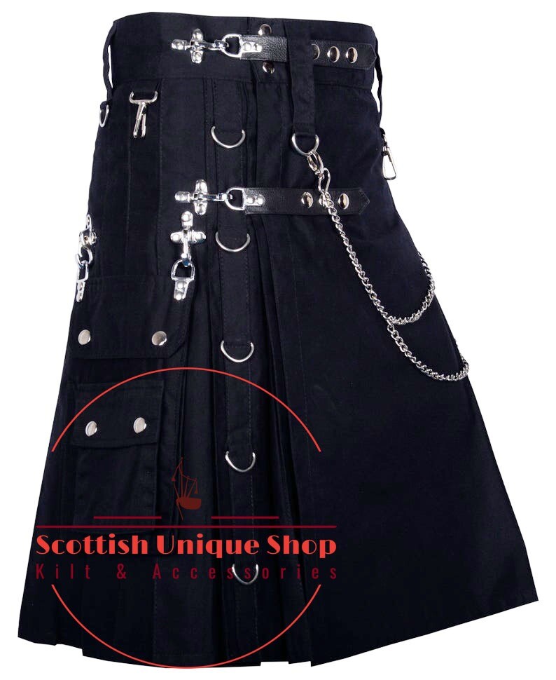 Gothic Fashion Utility kilt 100% Cotton Goth Kilt With Silver Chains Custom Size