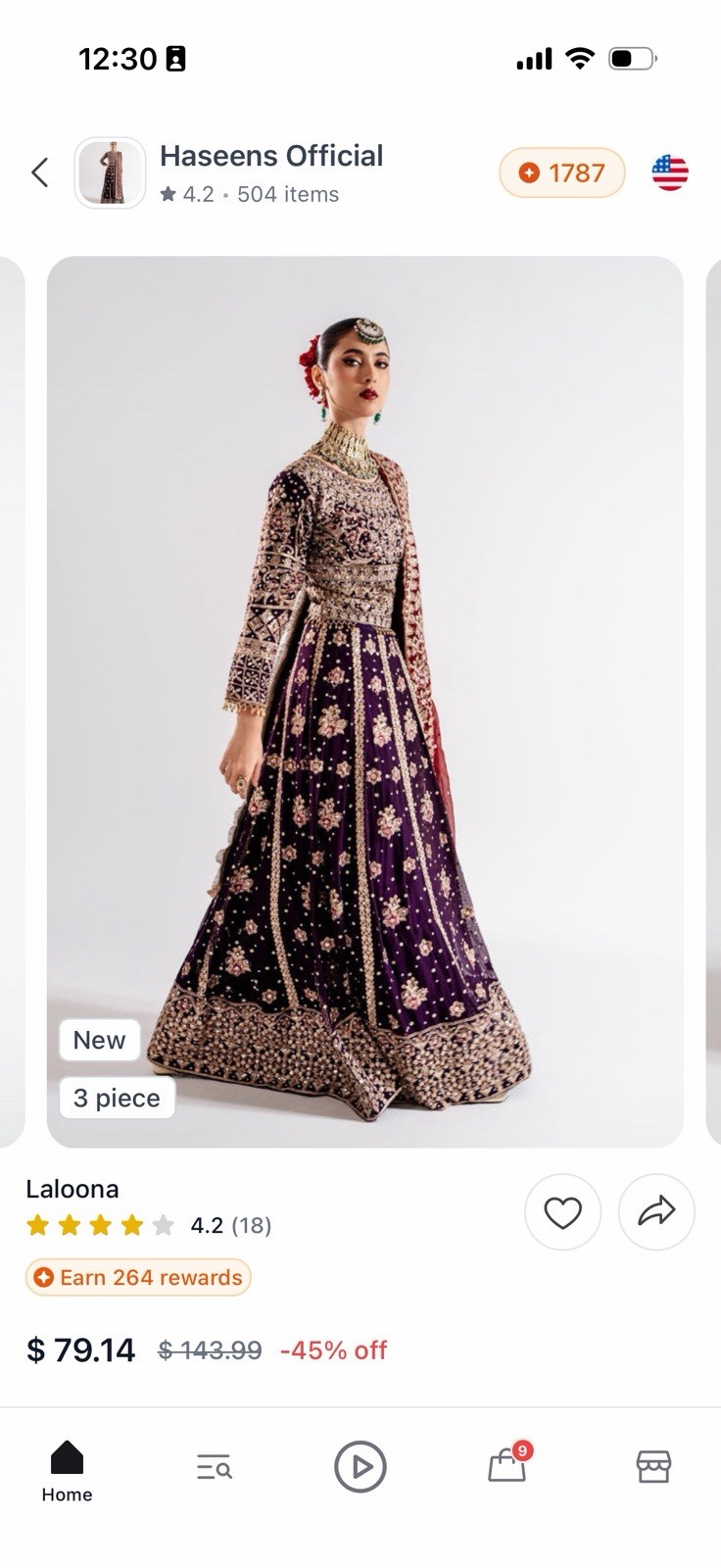 Haseens Official Laloona 3pc Dress Set w/ Dupatta Purple Net Embroidered