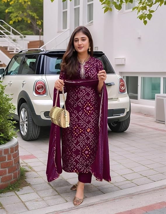 Women Bhandej Printed Purple Kurta With Pant & Dupatta , Plus Size Salwar Kameez