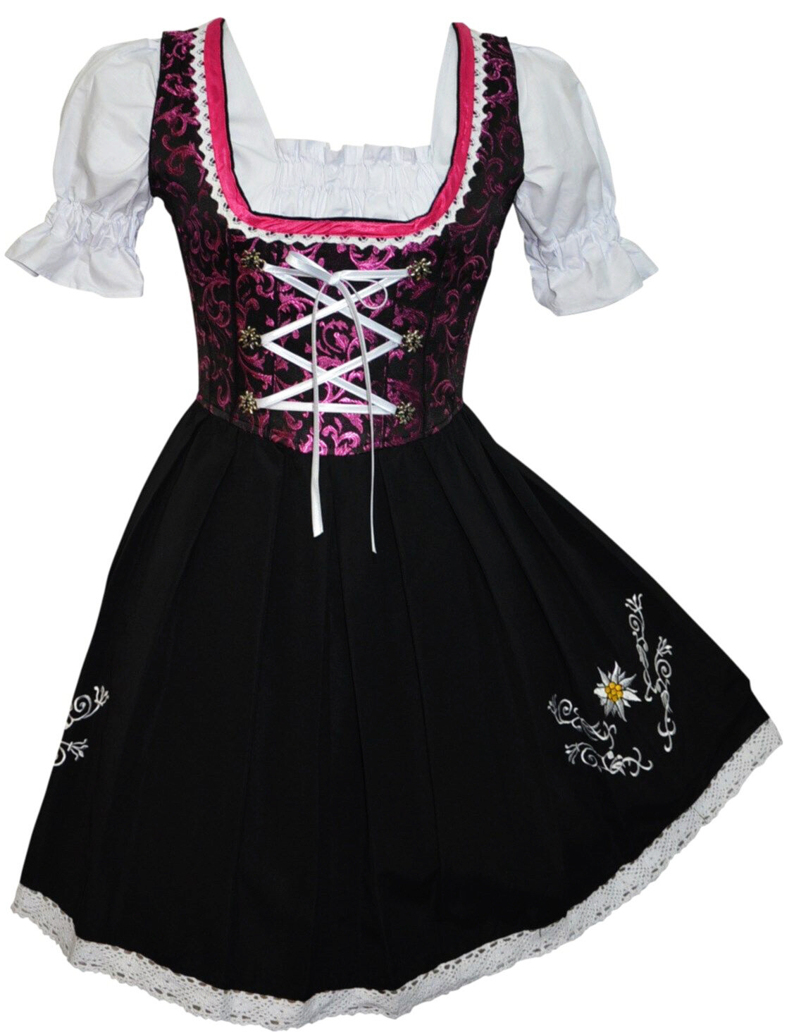 Sz 16 L German Women Dirndl Waitress Dress Oktoberfest Short Party Black Pink