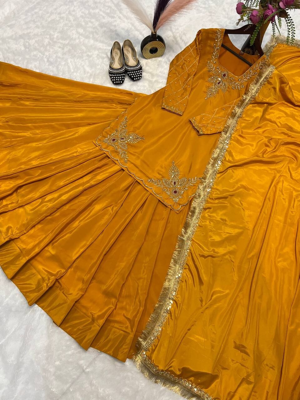 New Heavy Mustard Yellow Crepe Silk Top Lehenga With Dupatta For Women & Girls