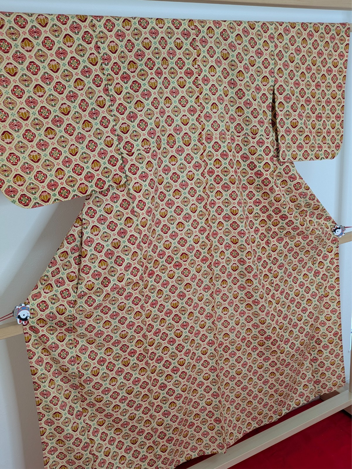 Vintage Japanese Kimono Robe Wool Hitoe Red Beige Geometric Floral Textile Art