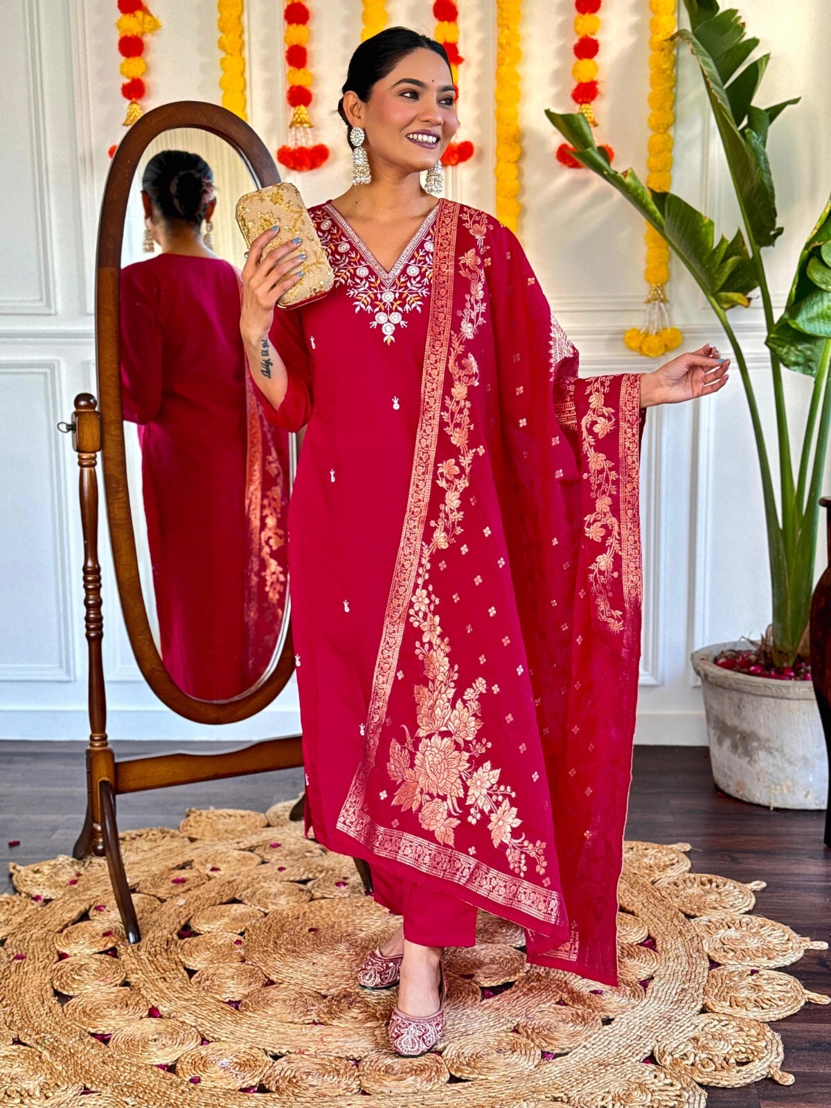 Indian Wedding Wear Kurta Palazzo Dupatta Set Christmas Wear Red Salwar Kameez