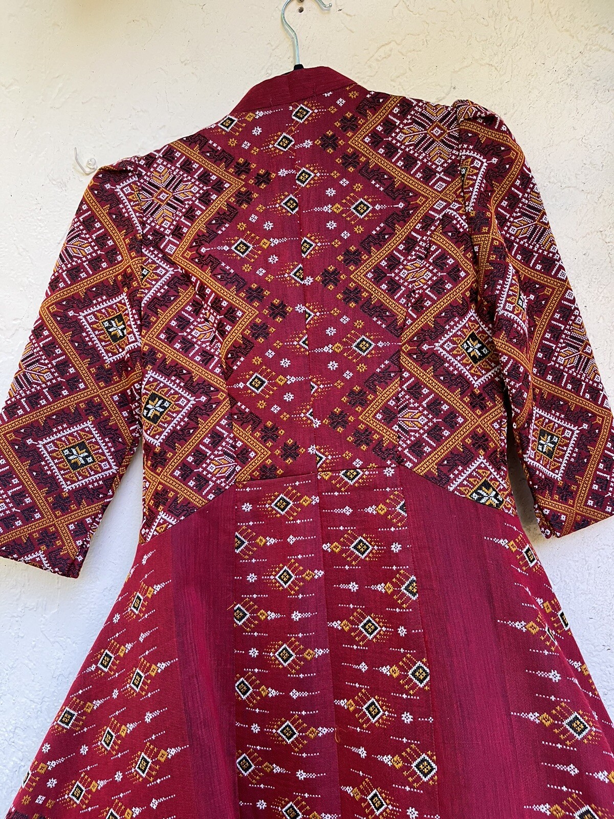 Bohemian VTG Red Handwoven Dress Praewa Silk Fabric Button-Front Maxi Thailand S