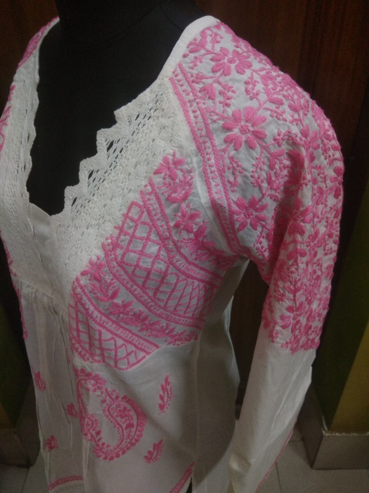 EXCELLENT L 42″ ETHNIC 100% COTTON HANDMADE TOP CHIKAN EMBROIDERY KURTA KURTI