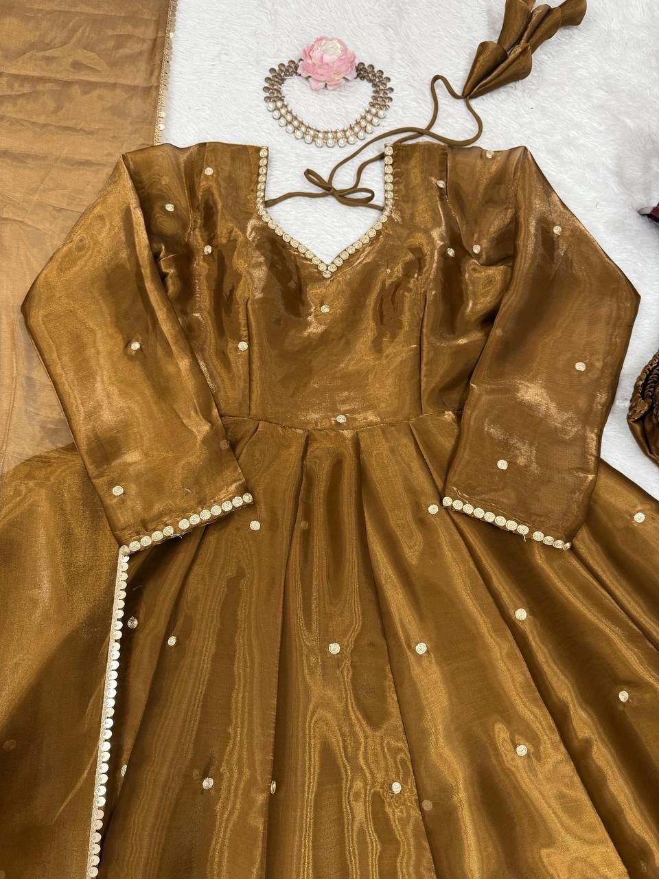 Beautiful Silk Copper Gown Bottom With Dupatta For Indian Festival Wear