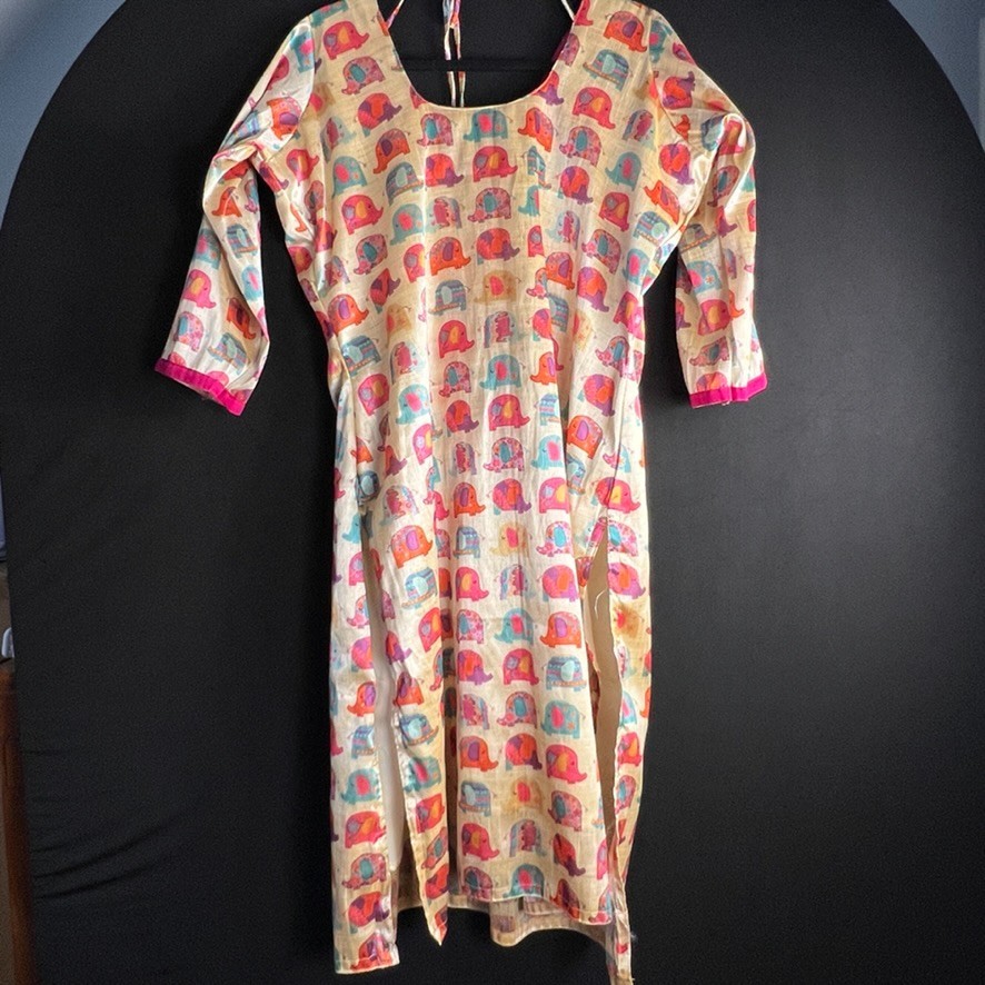 Hand Sewn Indian Dress Women’s Straight Elephant Printed Silk/Cotton Kurta Lined