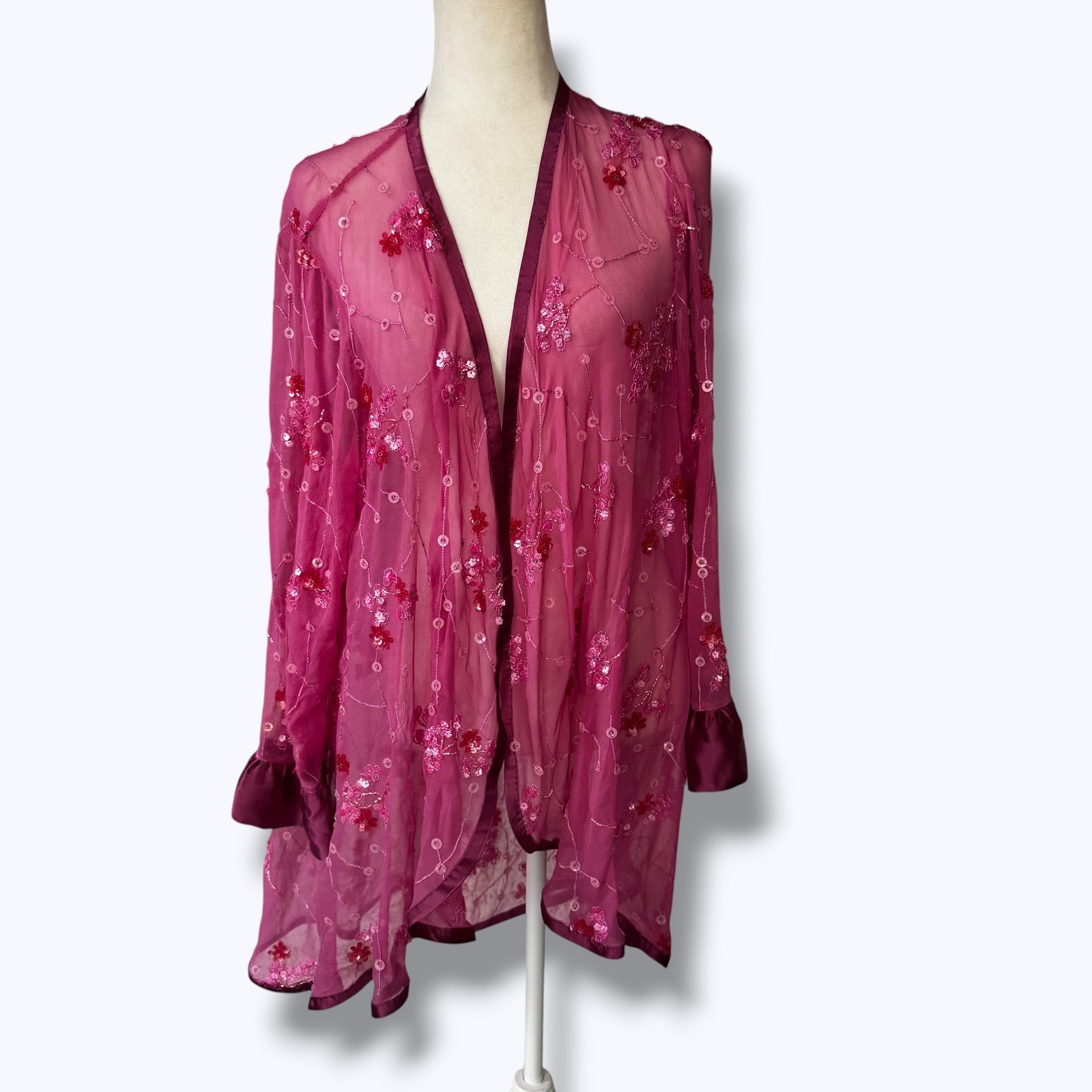 Sheer Embroidered Mesh Duster Floral Sequin Open Front Boho Festival Sparkly M/L